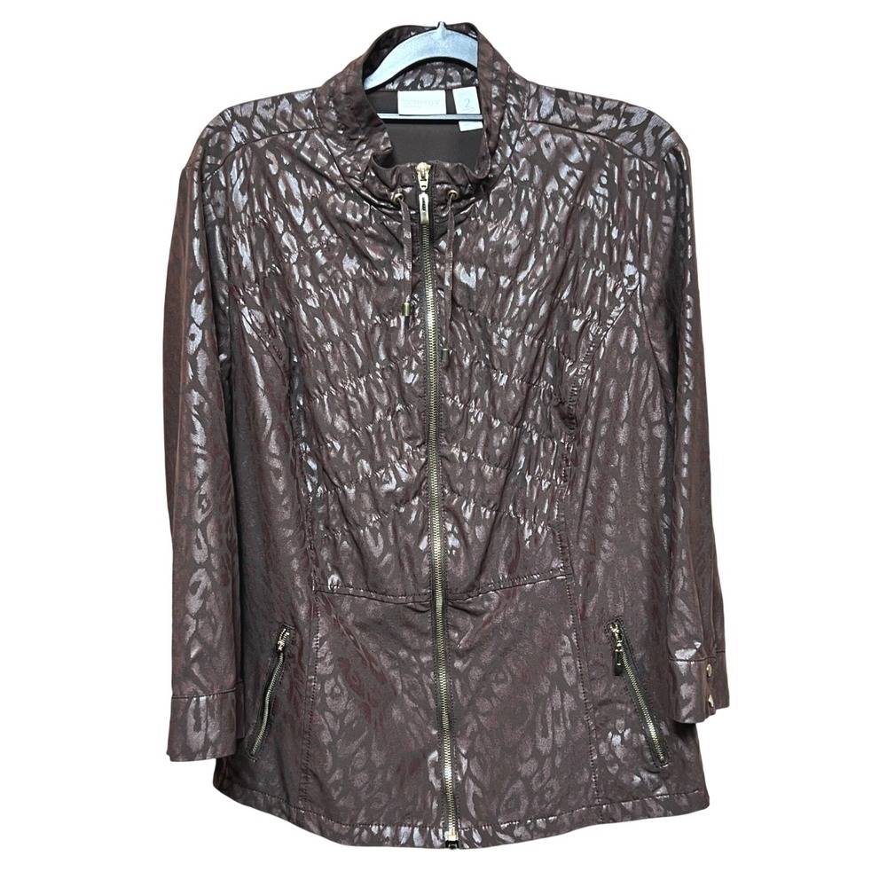 Chicos Zenergy Brown Metallic Animal Print Zip 3/4 Sleeve Jacket Women 2 L/12